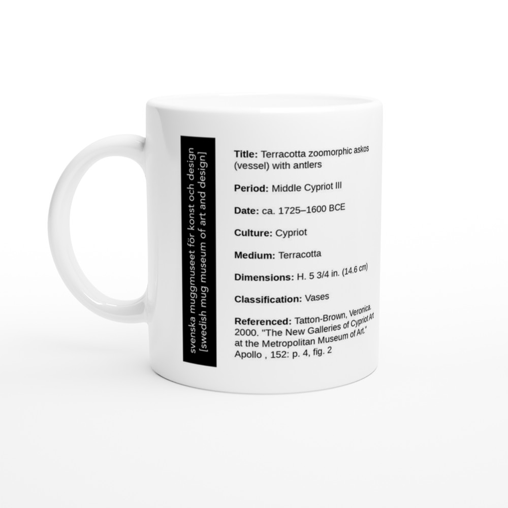 Terracotta zoomorphic askos (vessel) with antlers — label view